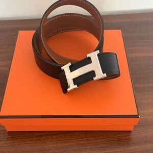 Hermes Black and Tan Men's Belt with Silver Buckle